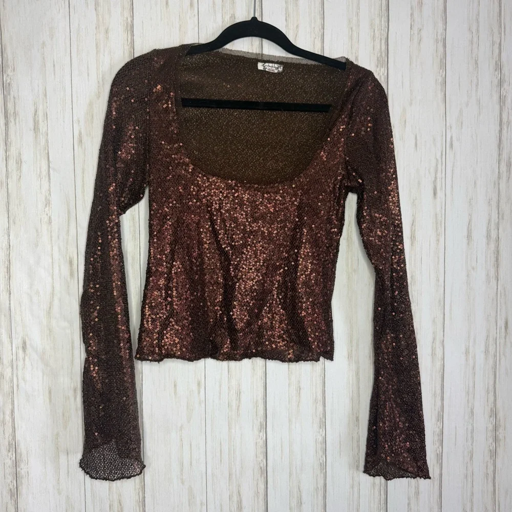 Free People Brown Sequin Long Sleeve Blouse